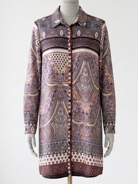 AX Paris| Lavender/Tan Satin Paisley Button-Front Long Sleeve Tunic Blouse Sz 10